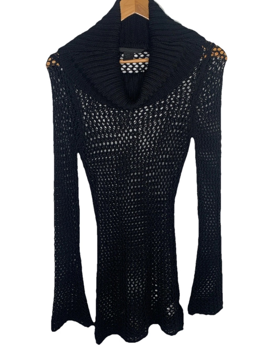 Vintage Guess Collection Size Small Black Crochet Tunic Sweater Cowl Neck Y2k